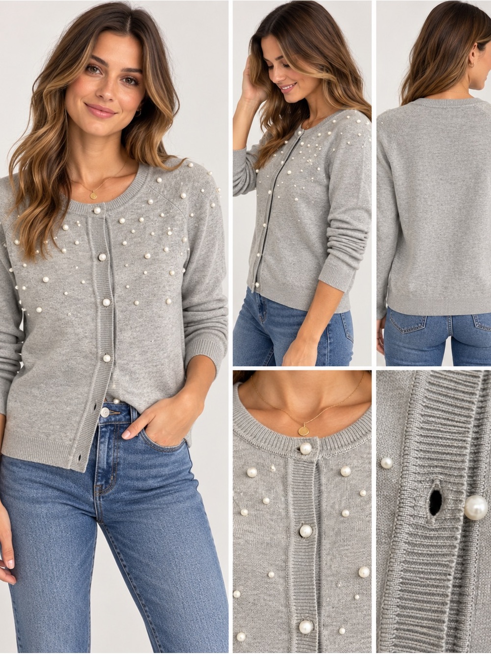 Carmen Marc Valvo Gray Pearl Embellished Cardigan Sweater Size Small